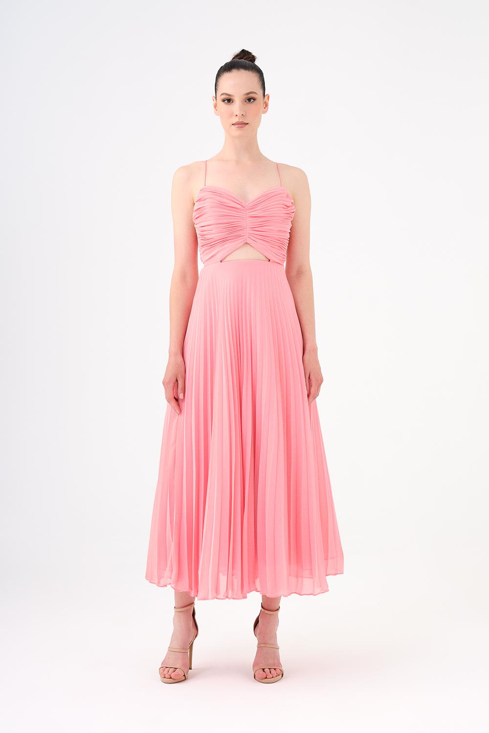 Pleated Strappy Midi Evening Dress - 9181C