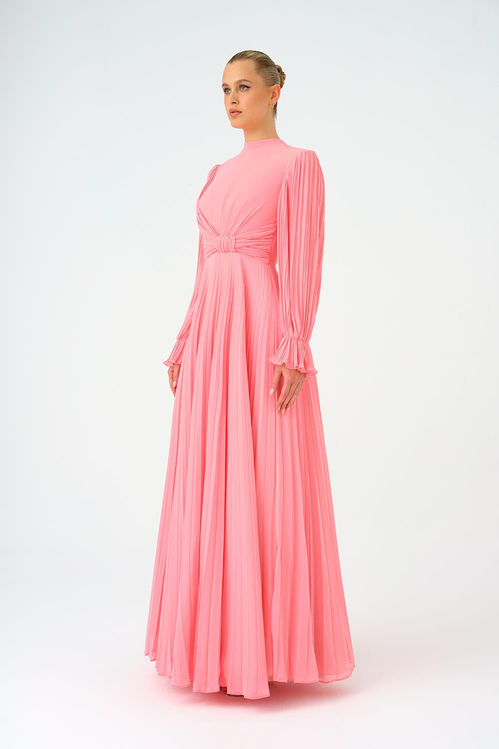 Pleated Stand Collar Hijab Long Evening Dress - 9153C