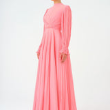 Pleated Stand Collar Hijab Long Evening Dress - 9153C