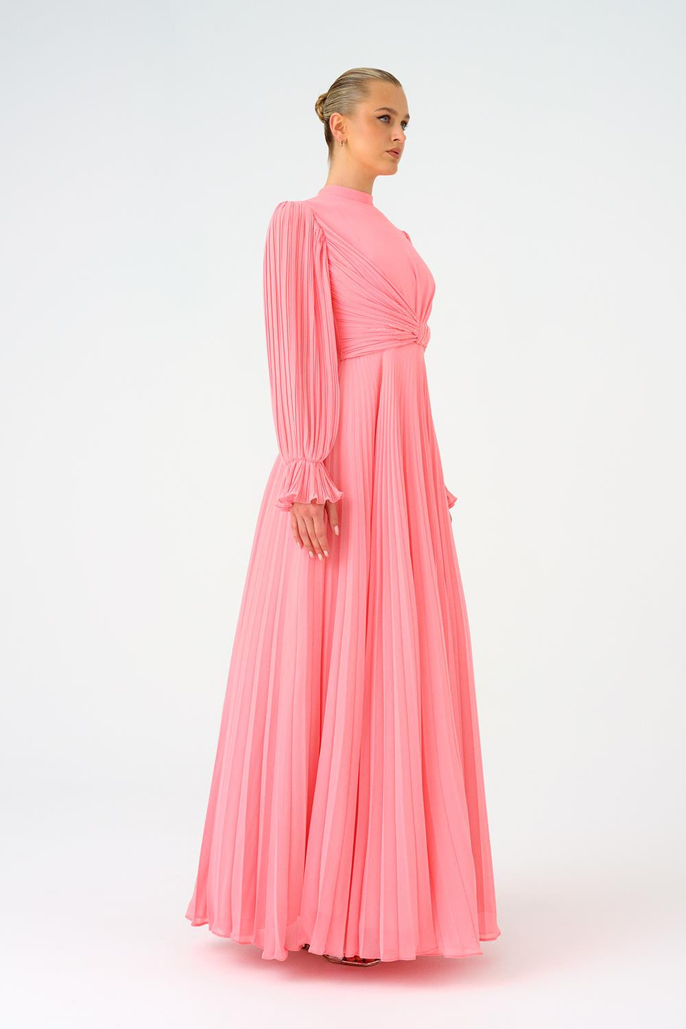 Pleated Stand Collar Hijab Long Evening Dress - 9153C