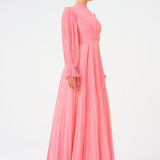 Pleated Stand Collar Hijab Long Evening Dress - 9153C