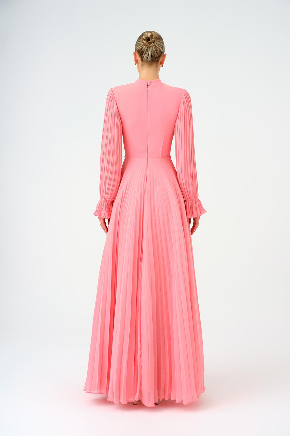 Pleated Stand Collar Hijab Long Evening Dress - 9153C
