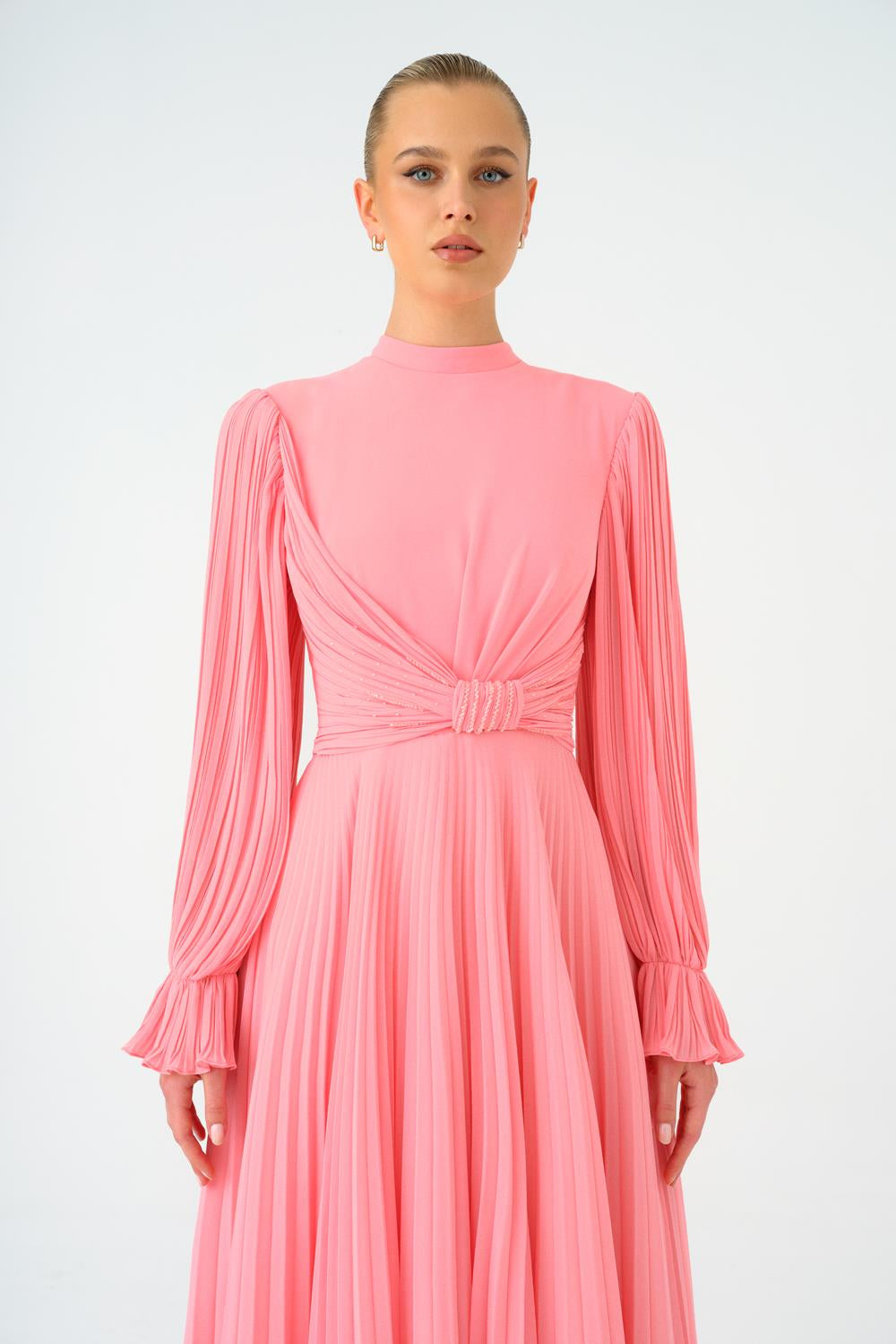 Pleated Stand Collar Hijab Long Evening Dress - 9153C