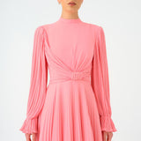 Pleated Stand Collar Hijab Long Evening Dress - 9153C