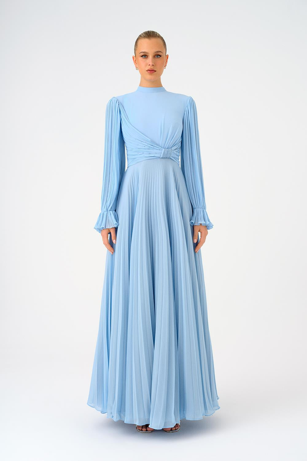 Pleated Stand Collar Hijab Long Evening Dress - 9153C