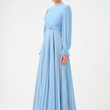 Pleated Stand Collar Hijab Long Evening Dress - 9153C