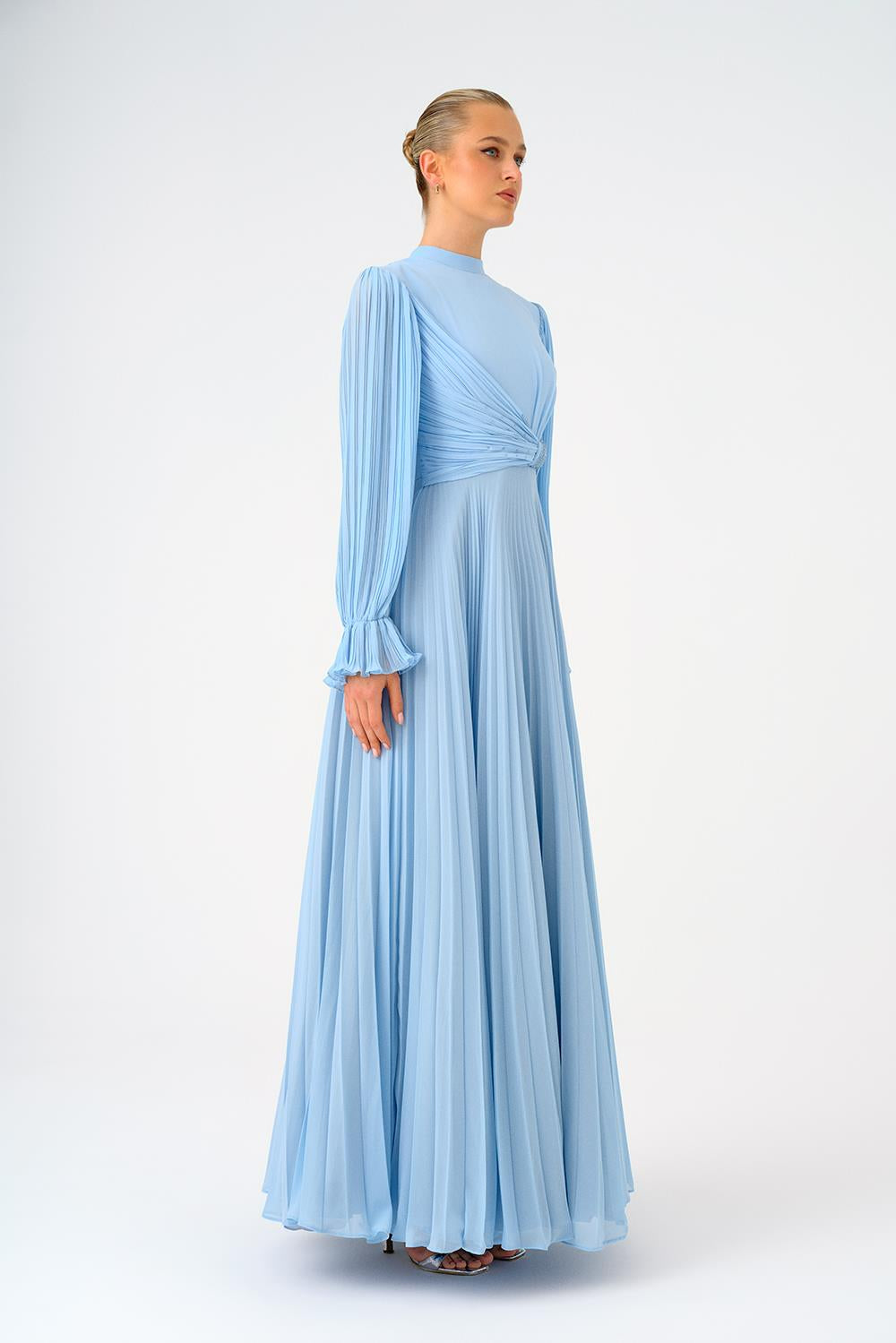 Pleated Stand Collar Hijab Long Evening Dress - 9153C