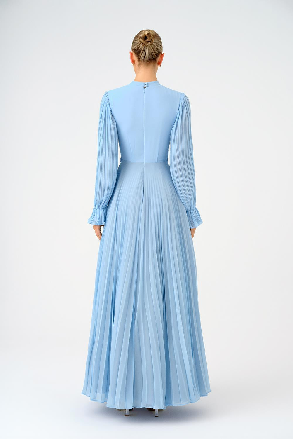 Pleated Stand Collar Hijab Long Evening Dress - 9153C