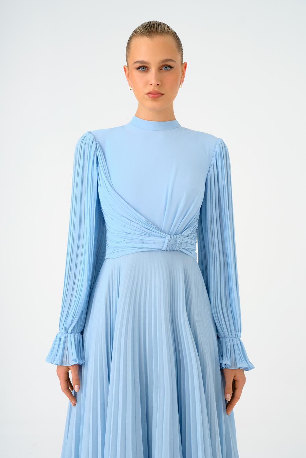 Pleated Stand Collar Hijab Long Evening Dress - 9153C
