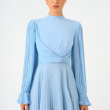 Pleated Stand Collar Hijab Long Evening Dress - 9153C