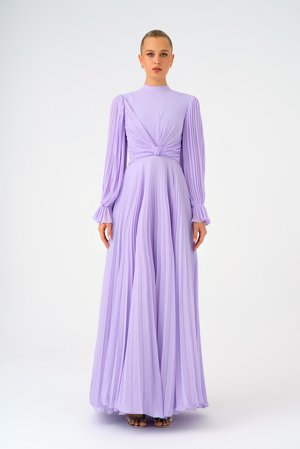 Pleated Stand Collar Hijab Long Evening Dress - 9153C