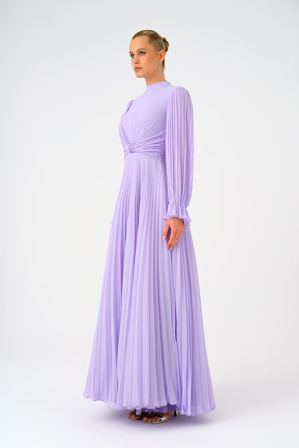 Pleated Stand Collar Hijab Long Evening Dress - 9153C