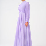 Pleated Stand Collar Hijab Long Evening Dress - 9153C