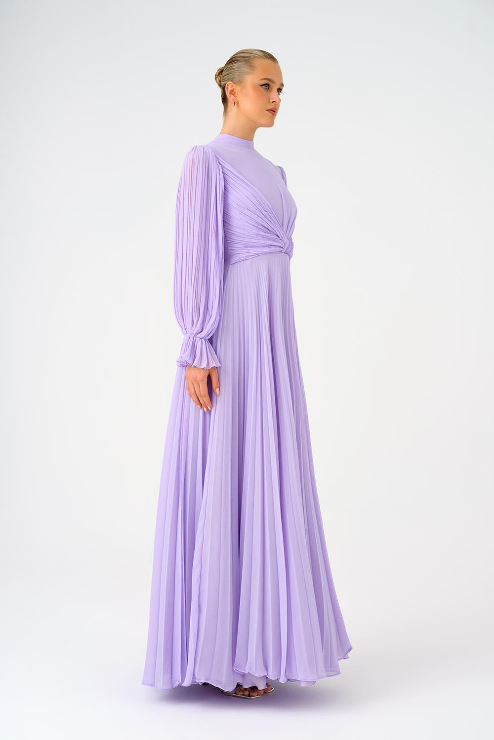 Pleated Stand Collar Hijab Long Evening Dress - 9153C