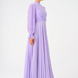 Pleated Stand Collar Hijab Long Evening Dress - 9153C