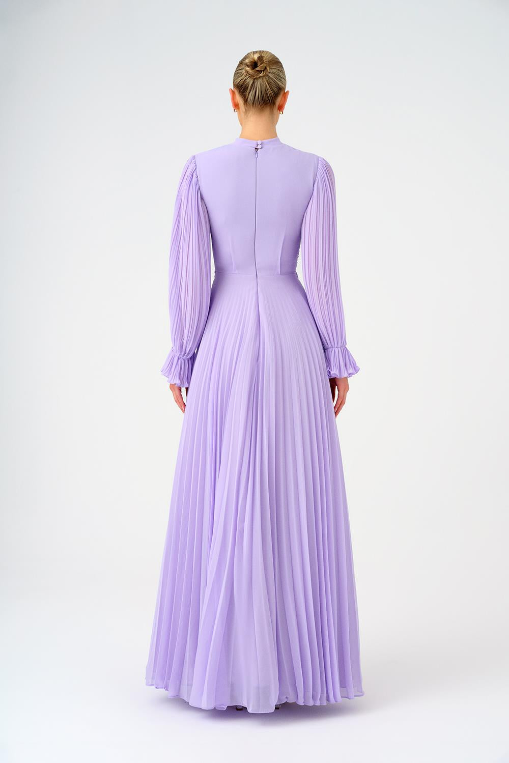 Pleated Stand Collar Hijab Long Evening Dress - 9153C