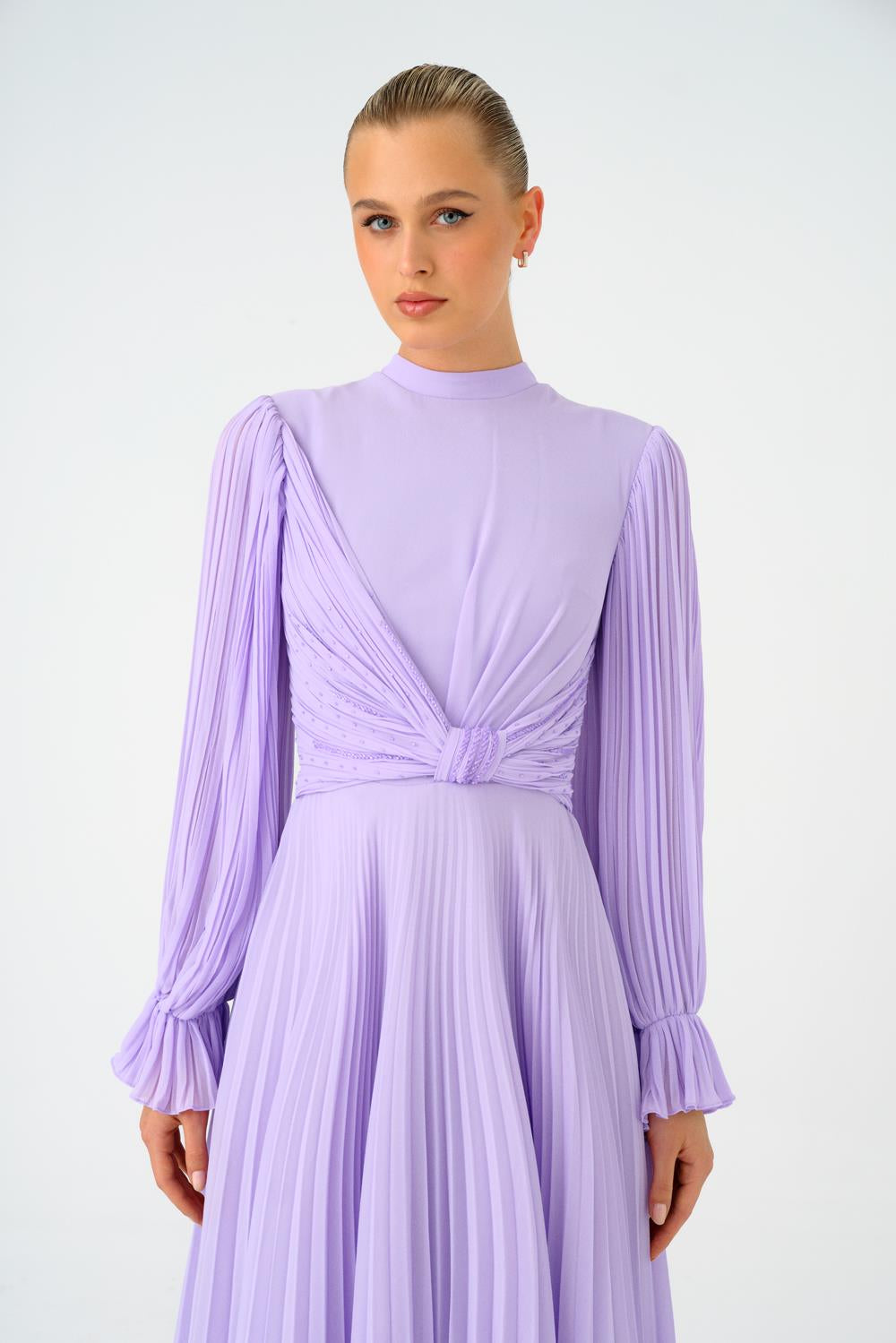 Pleated Stand Collar Hijab Long Evening Dress - 9153C
