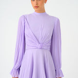 Pleated Stand Collar Hijab Long Evening Dress - 9153C