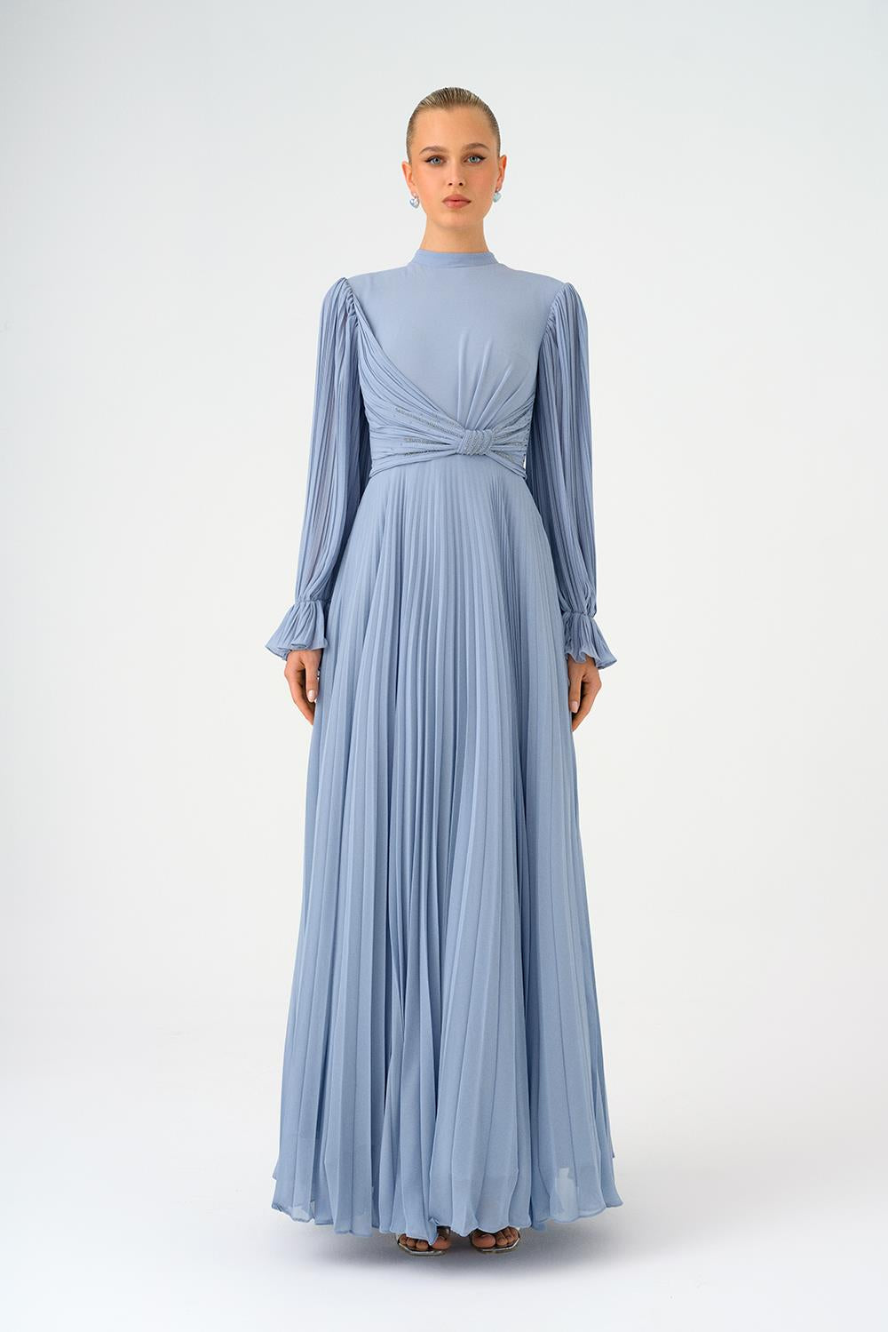 Pleated Stand Collar Hijab Long Evening Dress - 9153C