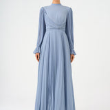 Pleated Stand Collar Hijab Long Evening Dress - 9153C