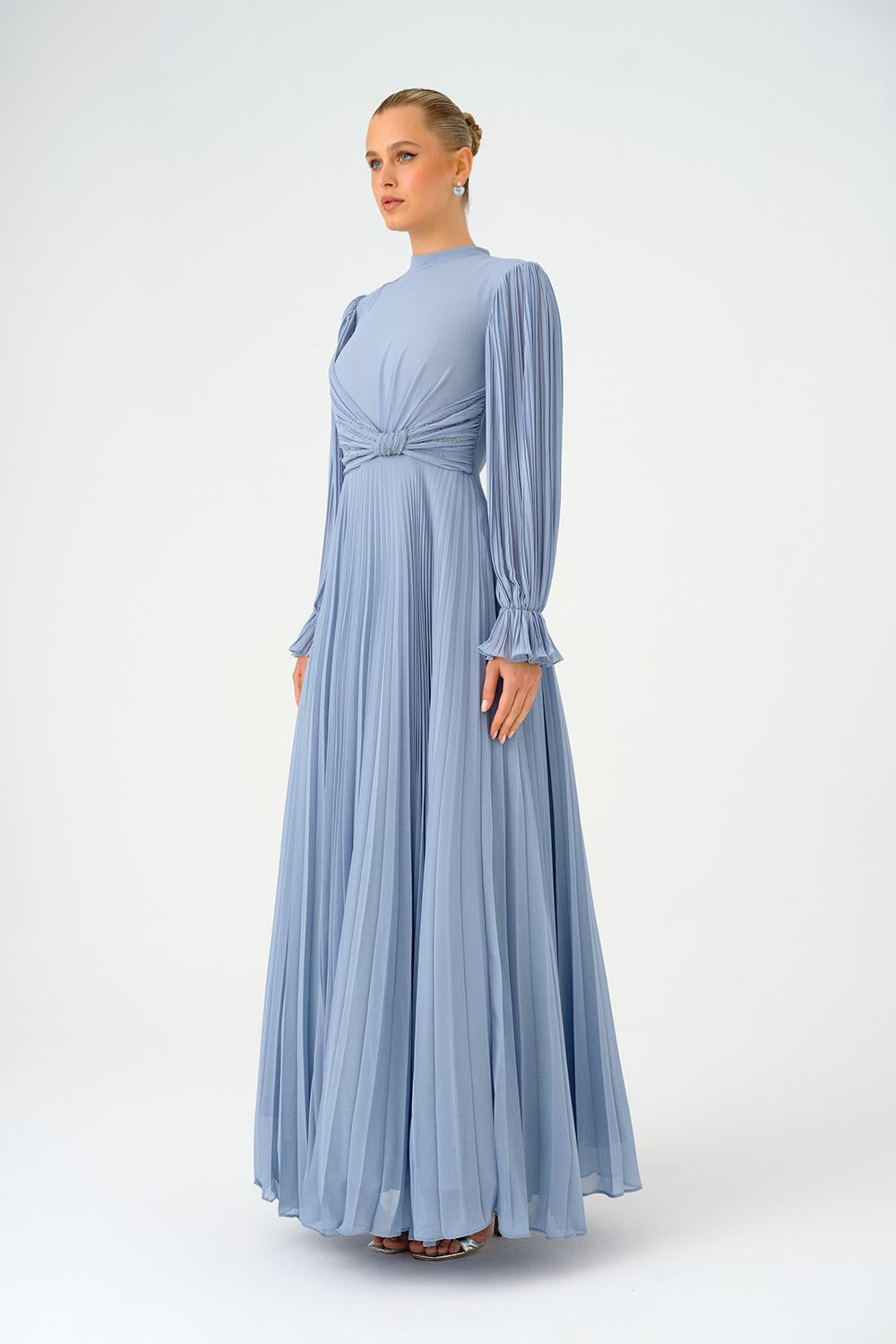 Pleated Stand Collar Hijab Long Evening Dress - 9153C