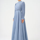Pleated Stand Collar Hijab Long Evening Dress - 9153C