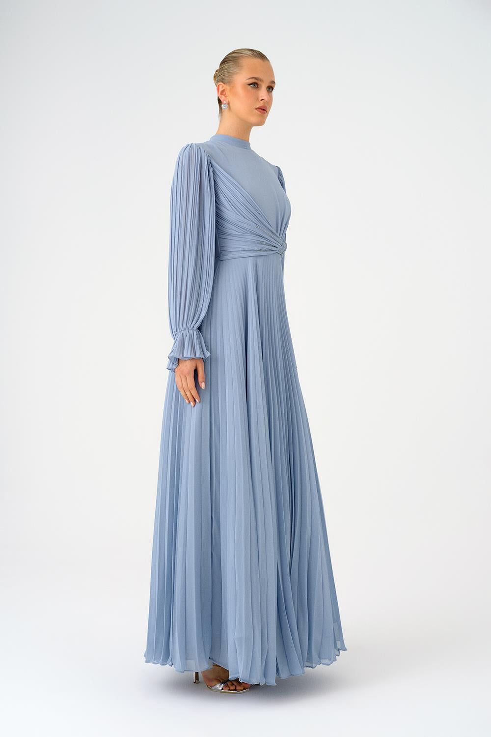 Pleated Stand Collar Hijab Long Evening Dress - 9153C