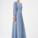 Pleated Stand Collar Hijab Long Evening Dress - 9153C
