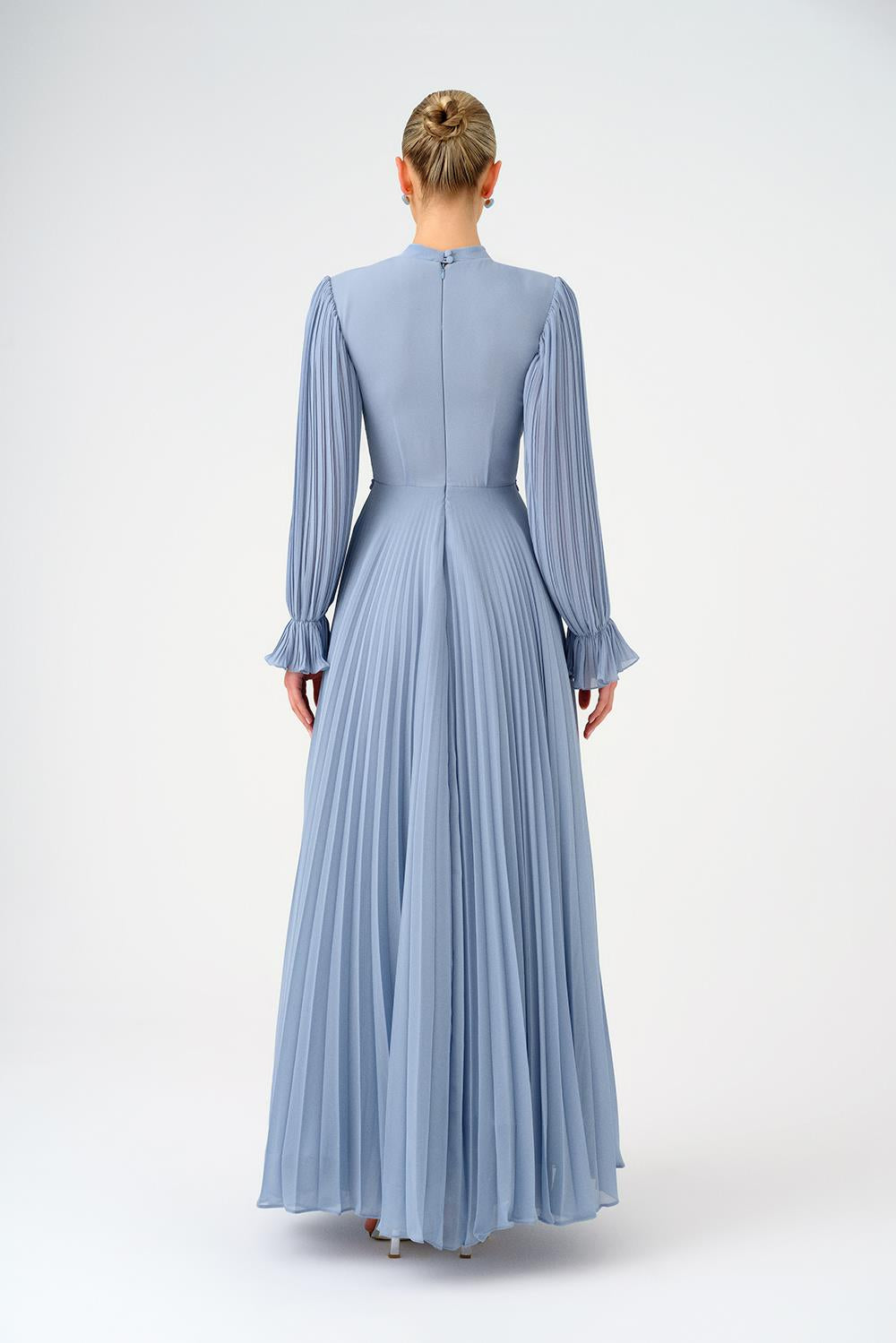 Pleated Stand Collar Hijab Long Evening Dress - 9153C