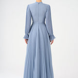 Pleated Stand Collar Hijab Long Evening Dress - 9153C