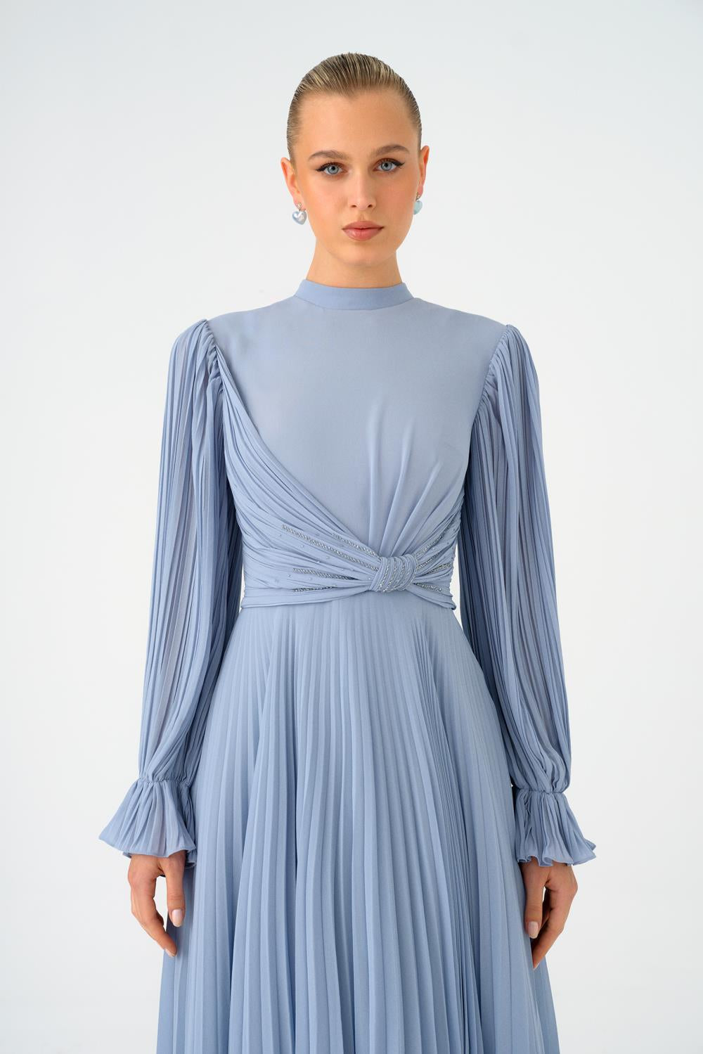 Pleated Stand Collar Hijab Long Evening Dress - 9153C