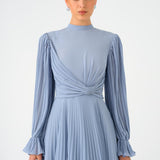 Pleated Stand Collar Hijab Long Evening Dress - 9153C