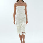 Feather Detailed Strapless Stone Midi Evening Dress - 9160C