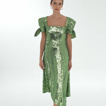 Asymmetric Cut Sequin Midi Evening Dress with Bow Detail Sleeves - 9142C