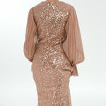 Pleated Sleeve and Drape Detailed Long Evening Dress with Stones - 9094C
