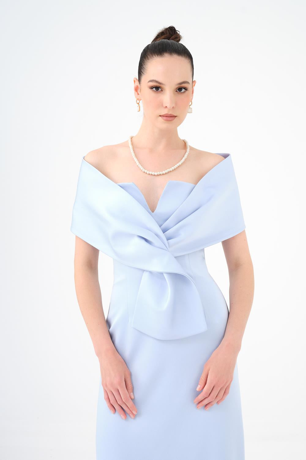 Shawl Strapless Collar Satin Long Evening Dress - 9056C