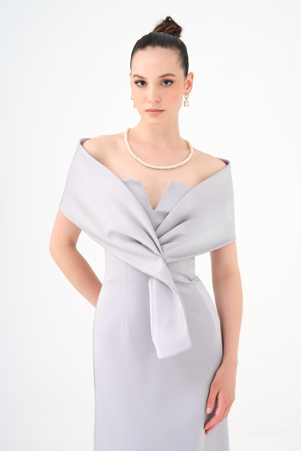 Shawl Strapless Collar Satin Long Evening Dress - 9056C
