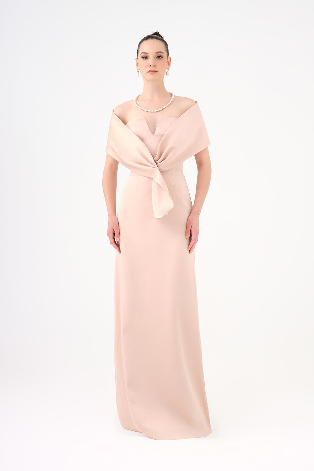 Shawl Strapless Collar Satin Long Evening Dress - 9056C
