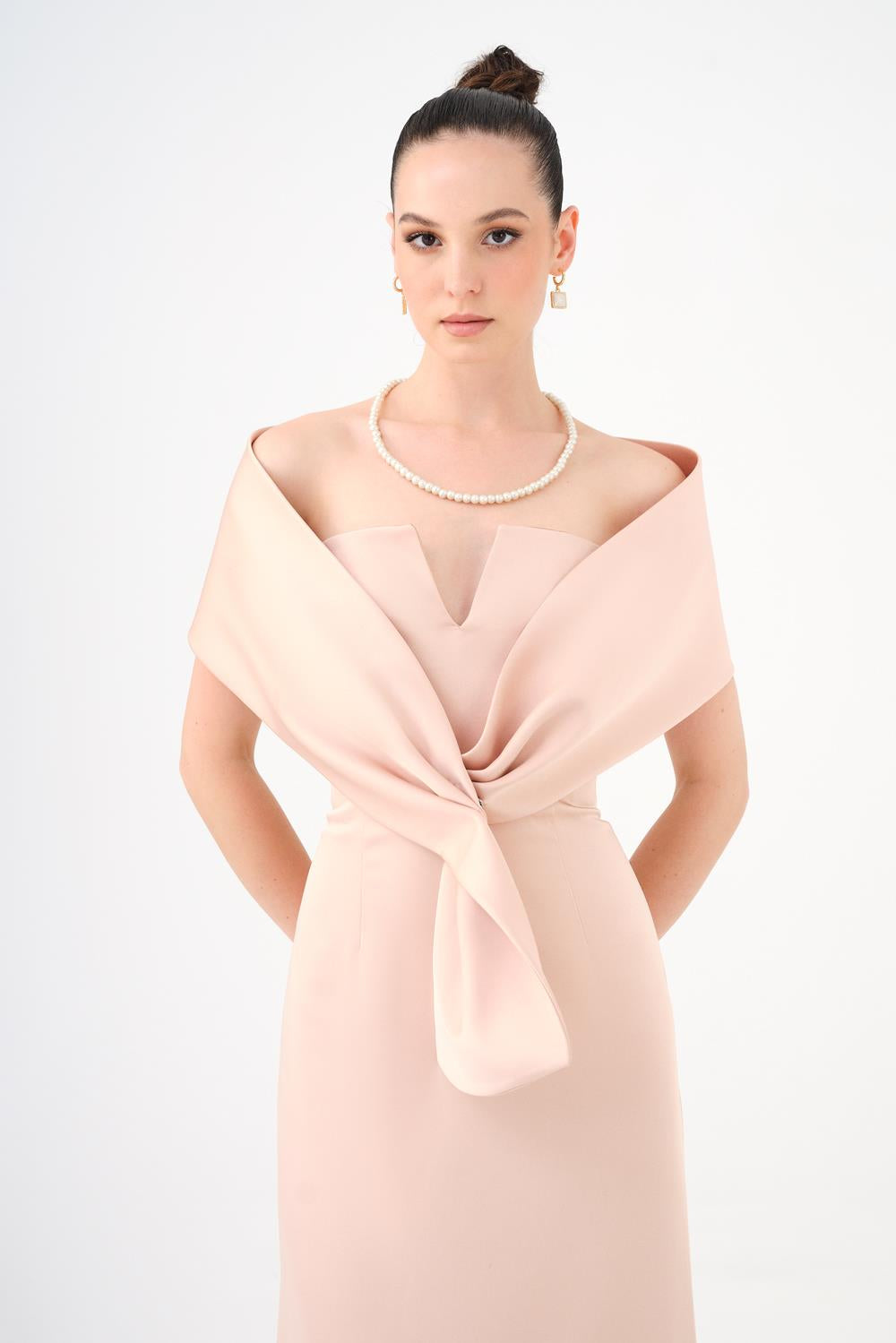 Shawl Strapless Collar Satin Long Evening Dress - 9056C