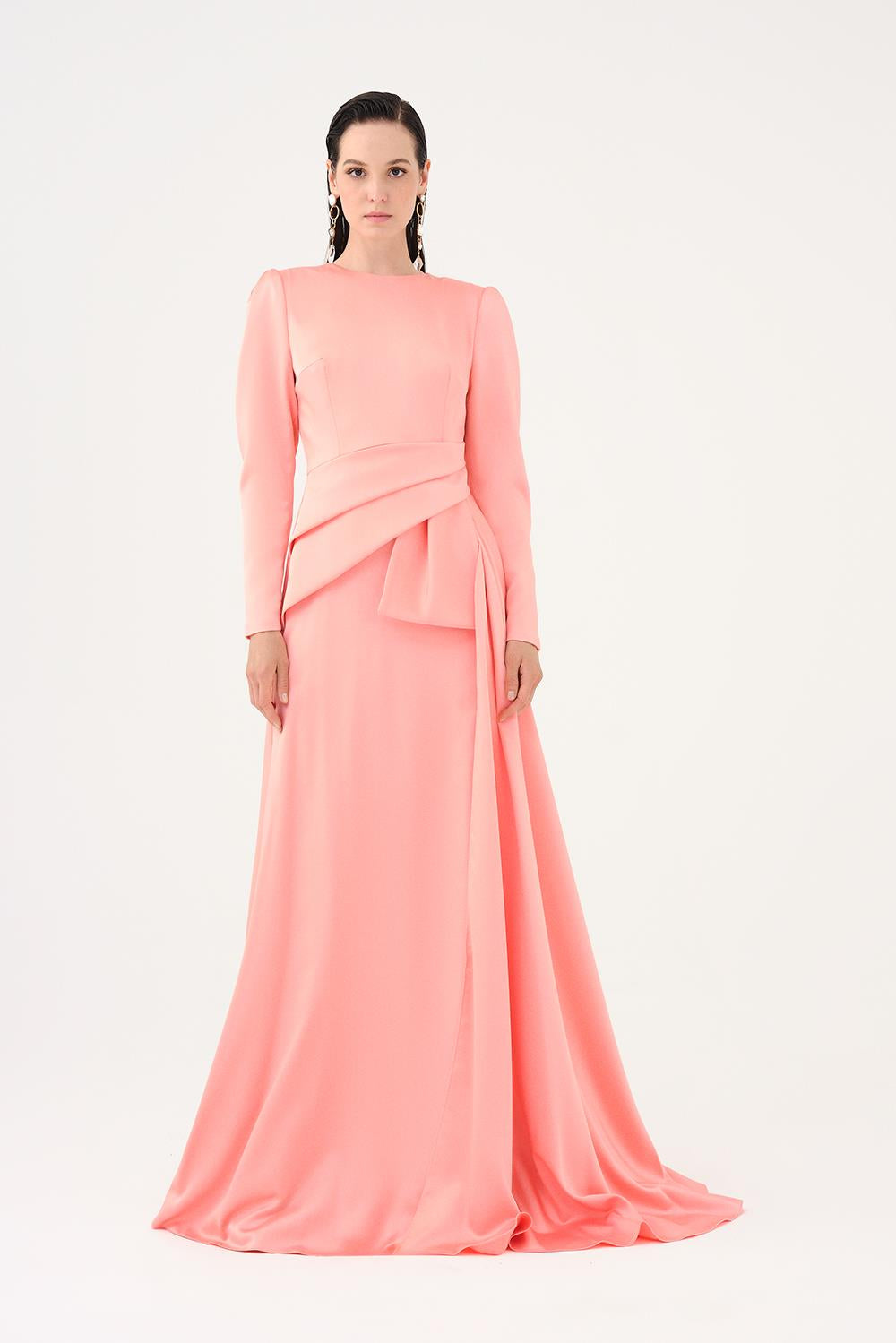 Saten Prenses Kesim Uzun Abiye Elbise - 9068C - PEMBE