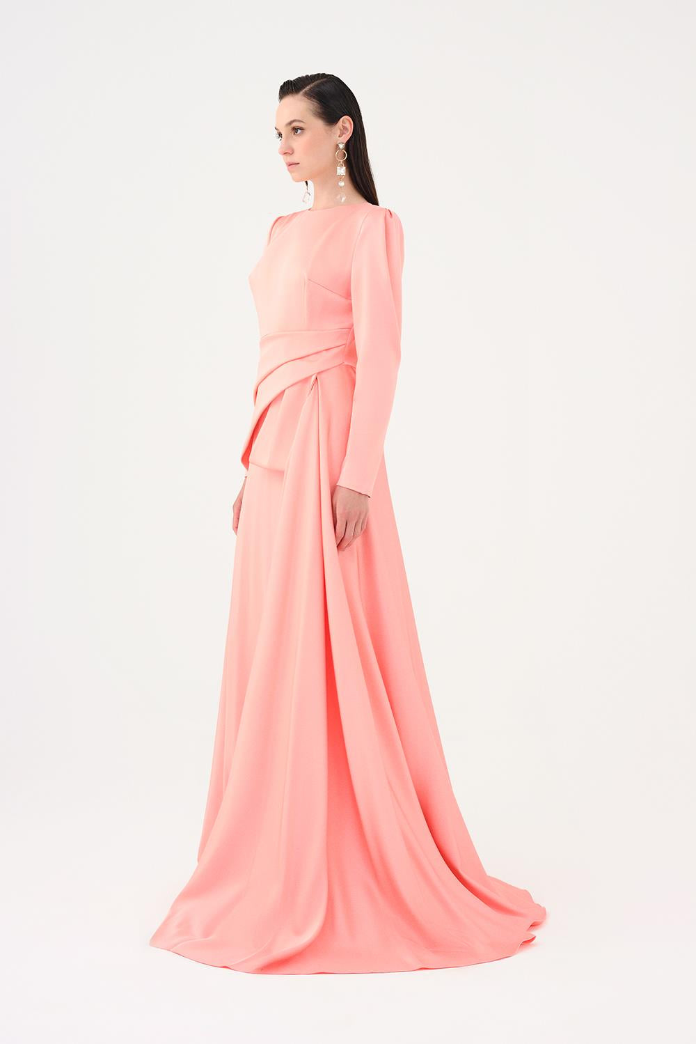 Saten Prenses Kesim Uzun Abiye Elbise - 9068C - PEMBE