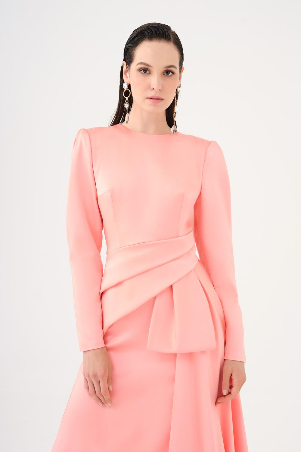 Saten Prenses Kesim Uzun Abiye Elbise - 9068C - PEMBE
