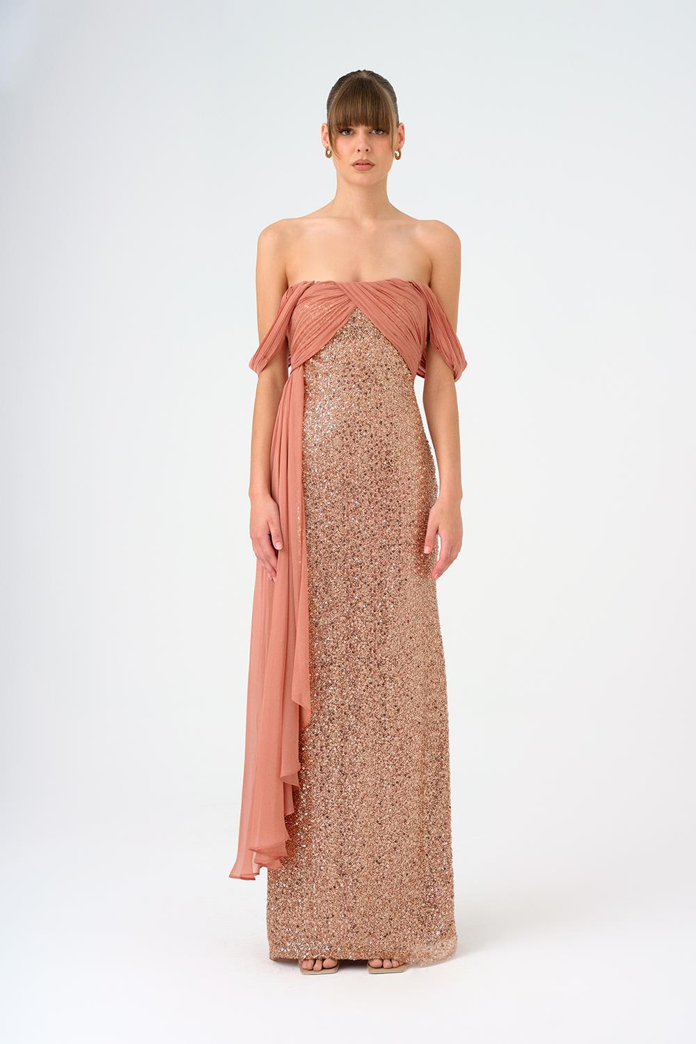 Chiffon Low Shoulder Stone Long Evening Dress - 9112C