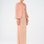 Chiffon Sleeves Belted Long Evening Dress with Stones - 9065C