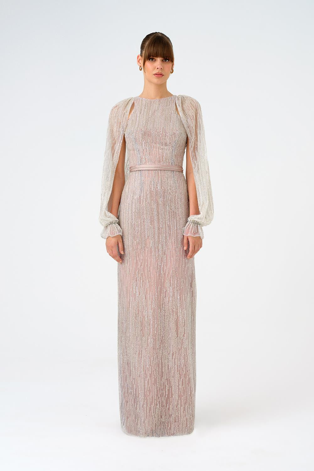 Stone Embroidered Long Evening Dress with Slit Detail - 9026C