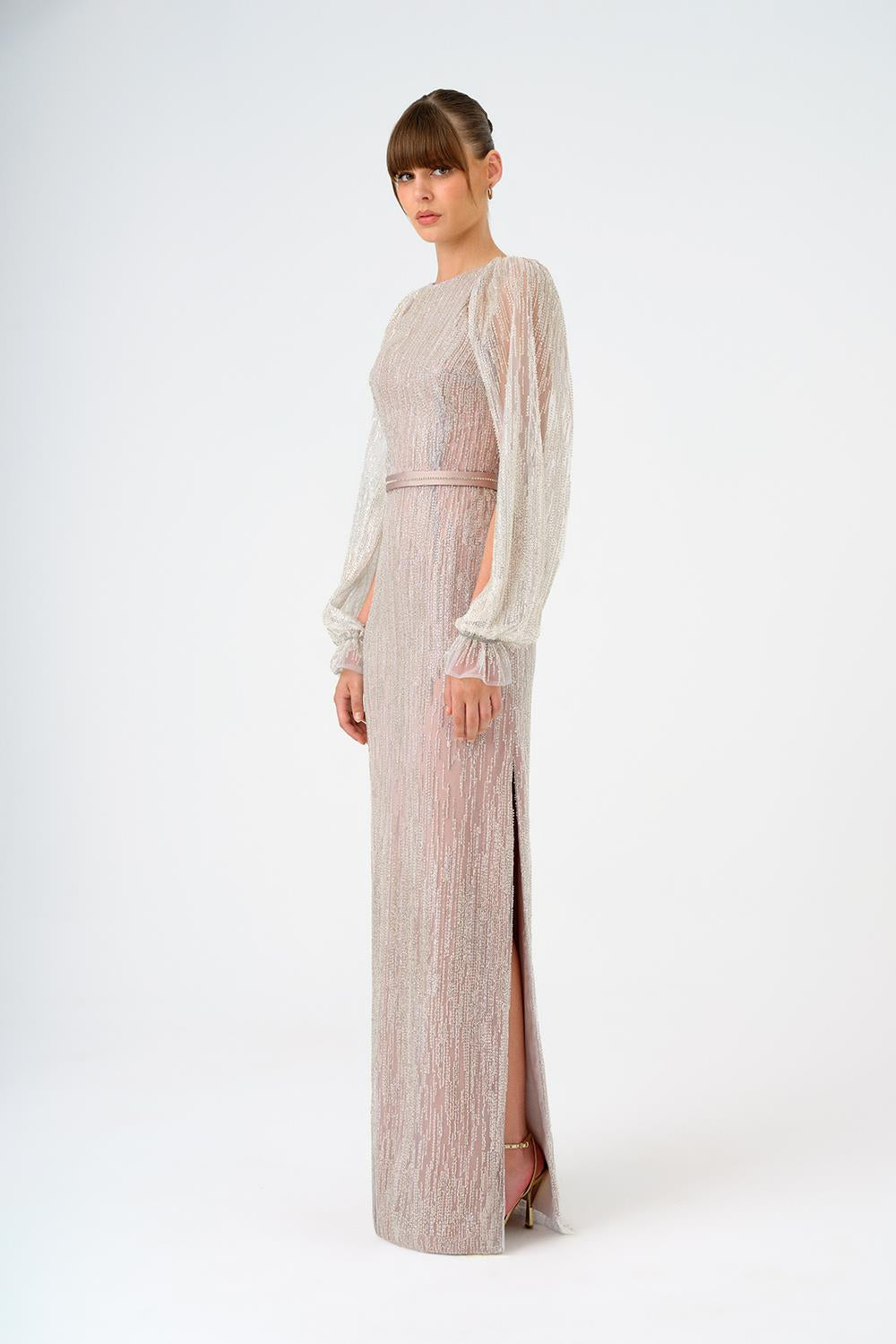 Stone Embroidered Long Evening Dress with Slit Detail - 9026C