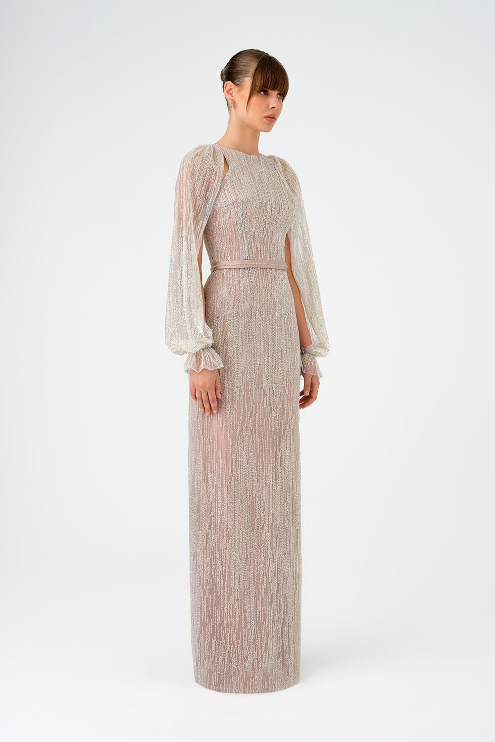 Stone Embroidered Long Evening Dress with Slit Detail - 9026C