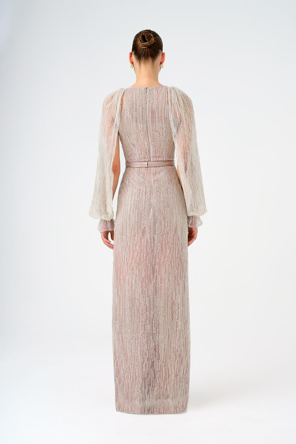 Stone Embroidered Long Evening Dress with Slit Detail - 9026C