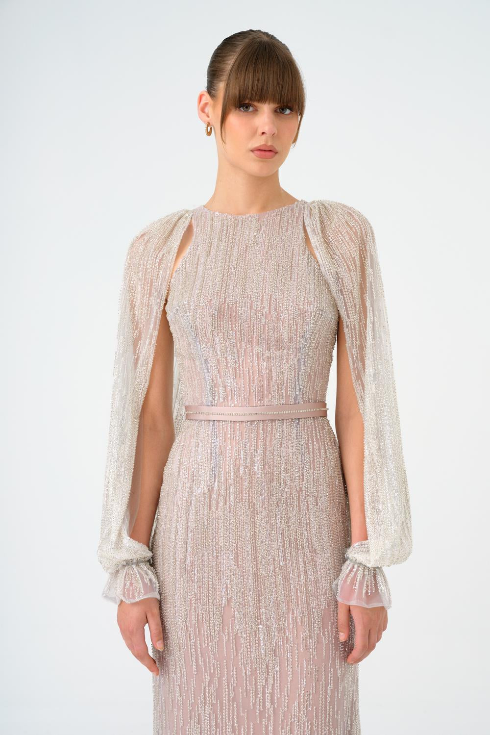 Stone Embroidered Long Evening Dress with Slit Detail - 9026C