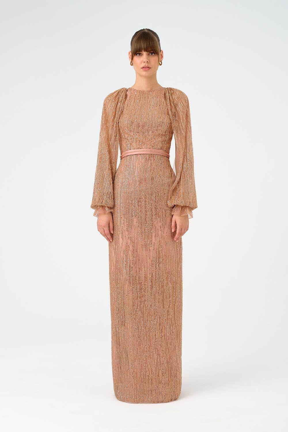 Stone Embroidered Long Evening Dress with Slit Detail - 9026C